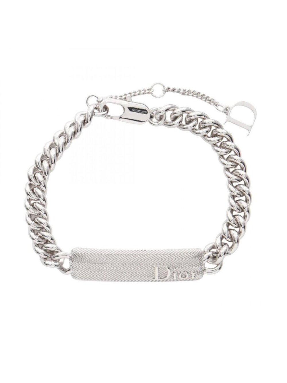Dior Bracelet Guilloche Chain Link Logo Plate Silver Stainless Steel